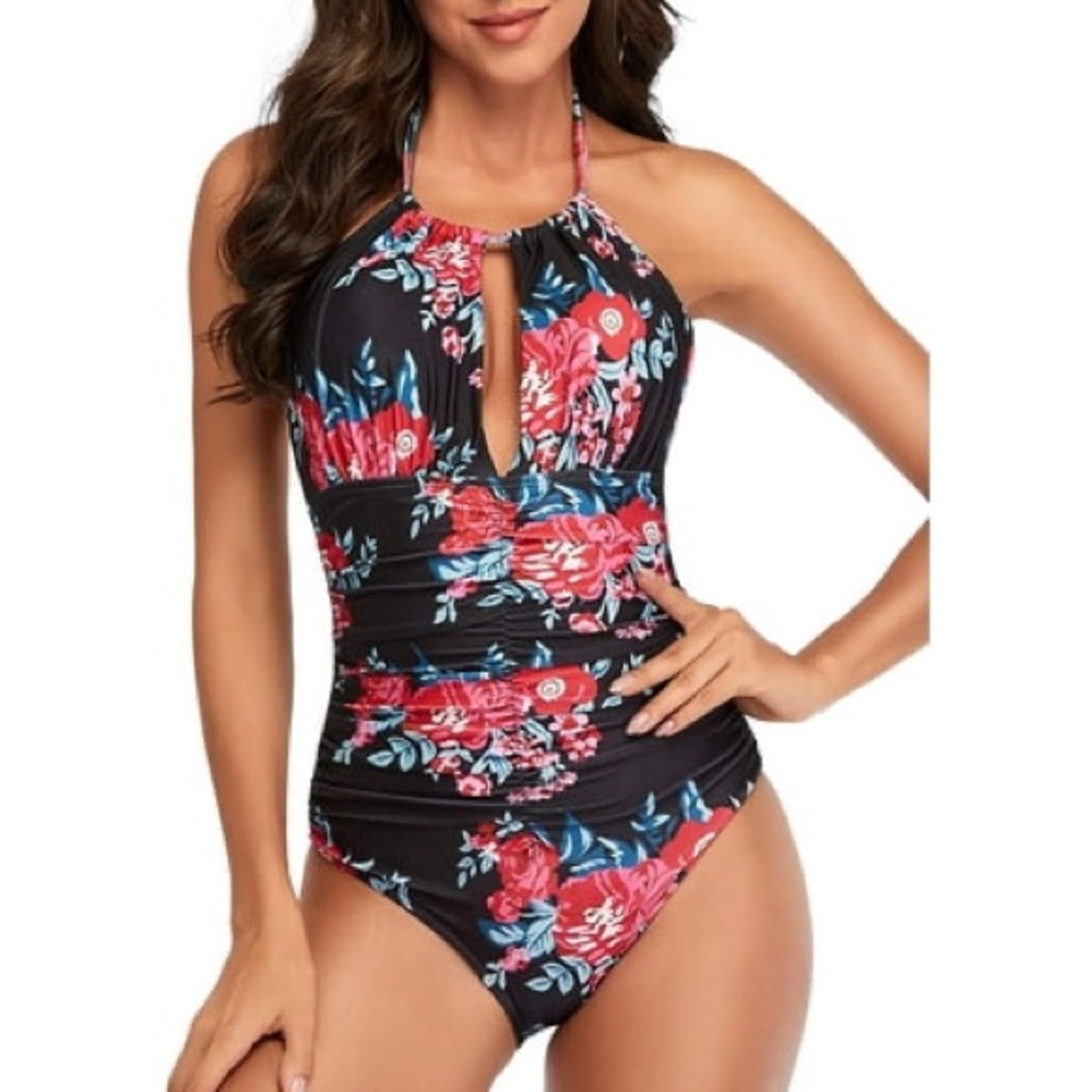 i2crazy One Piece Swimsuit Ruched Tummy Control Swimwear Halter V Neck NWT